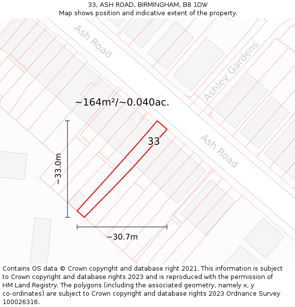 33, ASH ROAD, BIRMINGHAM, B8 1DW: Plot and title map