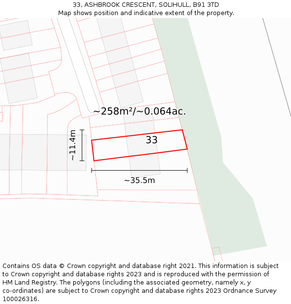 33, ASHBROOK CRESCENT, SOLIHULL, B91 3TD: Plot and title map