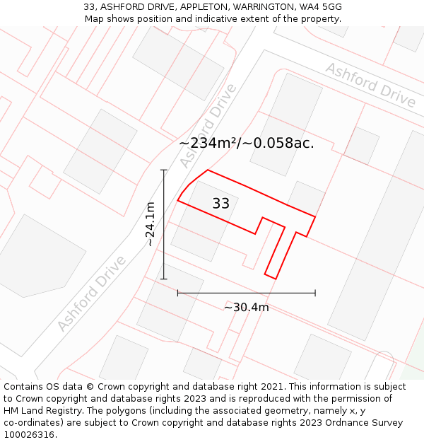 33, ASHFORD DRIVE, APPLETON, WARRINGTON, WA4 5GG: Plot and title map