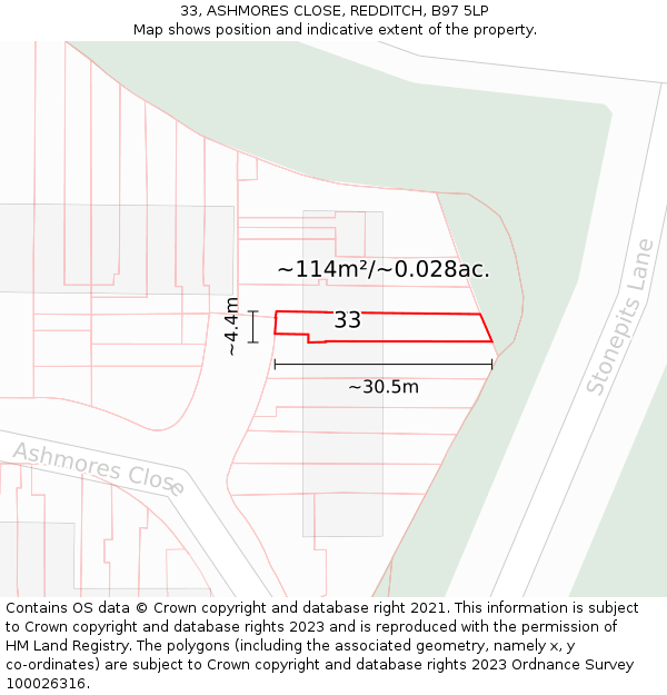 33, ASHMORES CLOSE, REDDITCH, B97 5LP: Plot and title map
