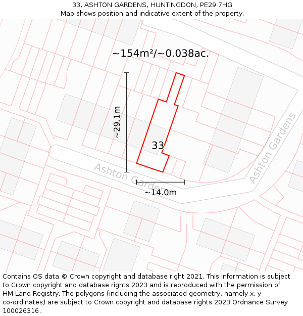 33, ASHTON GARDENS, HUNTINGDON, PE29 7HG: Plot and title map
