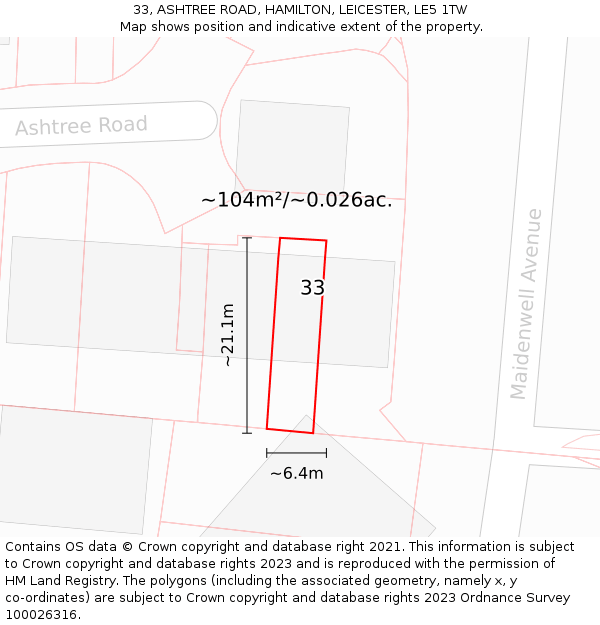 33, ASHTREE ROAD, HAMILTON, LEICESTER, LE5 1TW: Plot and title map