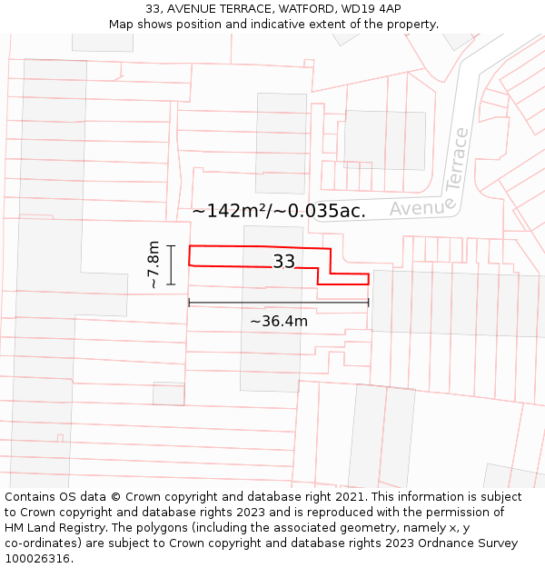 33, AVENUE TERRACE, WATFORD, WD19 4AP: Plot and title map