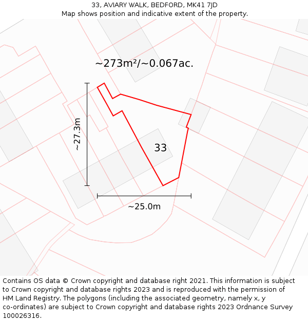 33, AVIARY WALK, BEDFORD, MK41 7JD: Plot and title map