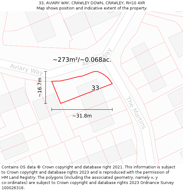 33, AVIARY WAY, CRAWLEY DOWN, CRAWLEY, RH10 4XR: Plot and title map