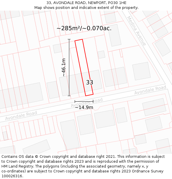 33, AVONDALE ROAD, NEWPORT, PO30 1HE: Plot and title map
