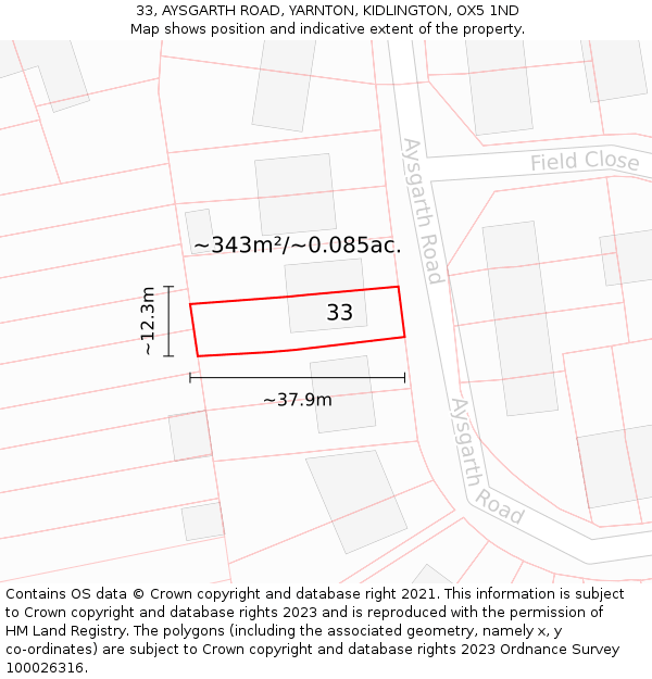 33, AYSGARTH ROAD, YARNTON, KIDLINGTON, OX5 1ND: Plot and title map