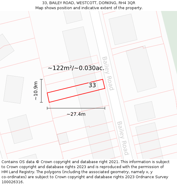 33, BAILEY ROAD, WESTCOTT, DORKING, RH4 3QR: Plot and title map