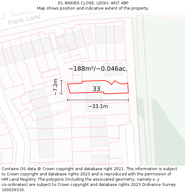 33, BAINES CLOSE, LEIGH, WN7 4BP: Plot and title map