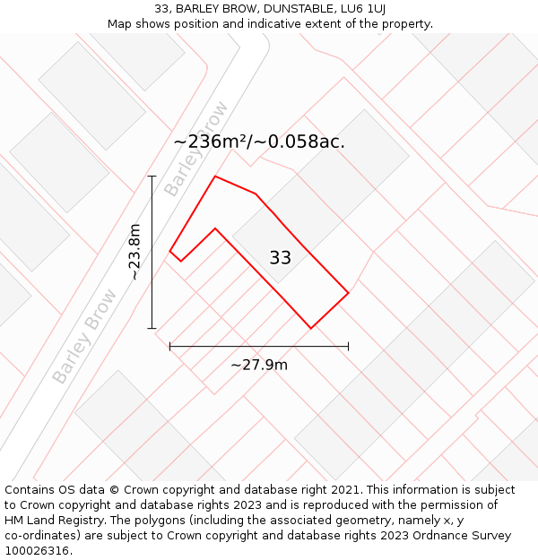 33, BARLEY BROW, DUNSTABLE, LU6 1UJ: Plot and title map