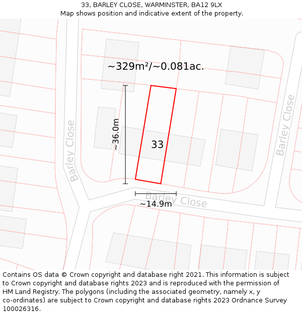 33, BARLEY CLOSE, WARMINSTER, BA12 9LX: Plot and title map