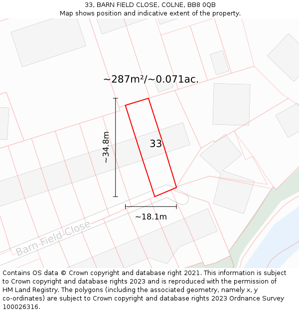 33, BARN FIELD CLOSE, COLNE, BB8 0QB: Plot and title map