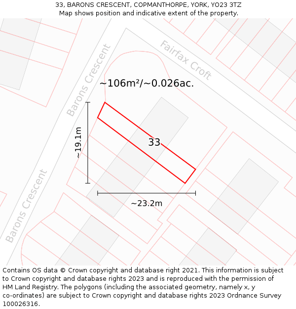 33, BARONS CRESCENT, COPMANTHORPE, YORK, YO23 3TZ: Plot and title map