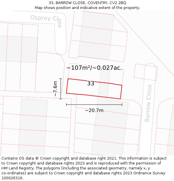 33, BARROW CLOSE, COVENTRY, CV2 2BQ: Plot and title map