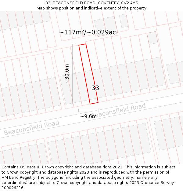 33, BEACONSFIELD ROAD, COVENTRY, CV2 4AS: Plot and title map
