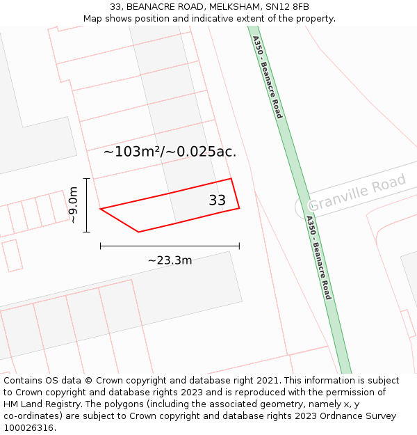 33, BEANACRE ROAD, MELKSHAM, SN12 8FB: Plot and title map