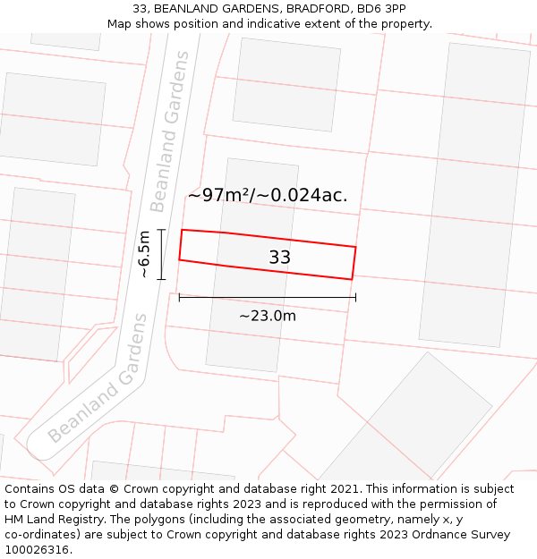 33, BEANLAND GARDENS, BRADFORD, BD6 3PP: Plot and title map