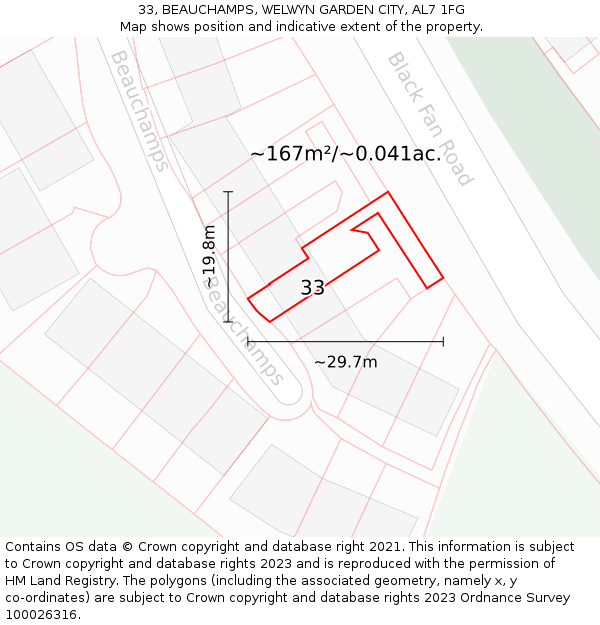 33, BEAUCHAMPS, WELWYN GARDEN CITY, AL7 1FG: Plot and title map