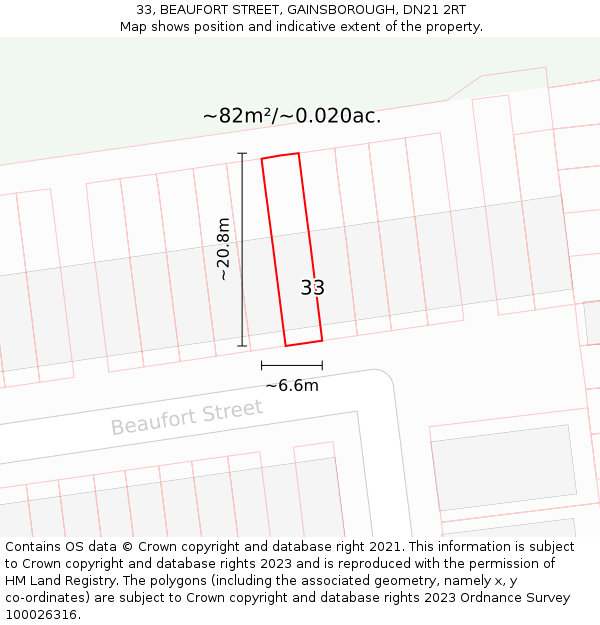 33, BEAUFORT STREET, GAINSBOROUGH, DN21 2RT: Plot and title map