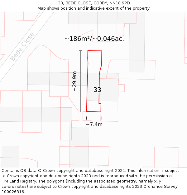 33, BEDE CLOSE, CORBY, NN18 9PD: Plot and title map