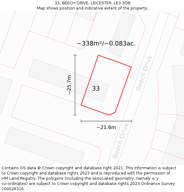 33, BEECH DRIVE, LEICESTER, LE3 3DB: Plot and title map