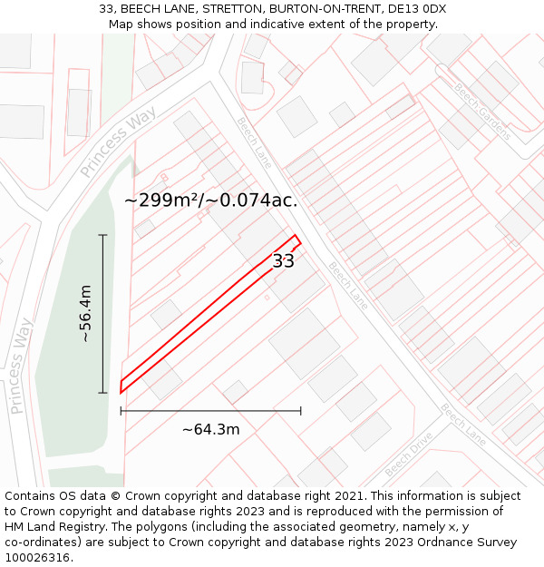 33, BEECH LANE, STRETTON, BURTON-ON-TRENT, DE13 0DX: Plot and title map
