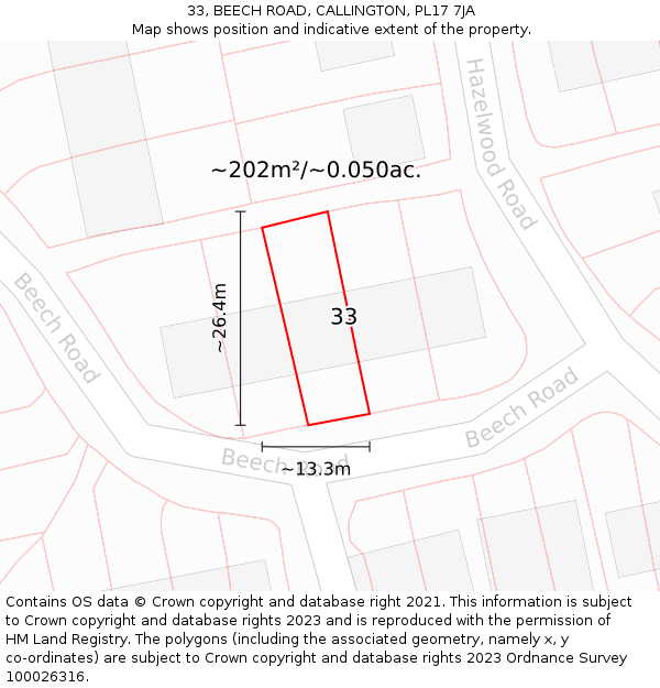 33, BEECH ROAD, CALLINGTON, PL17 7JA: Plot and title map