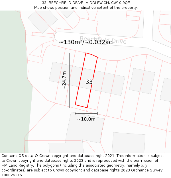 33, BEECHFIELD DRIVE, MIDDLEWICH, CW10 9QE: Plot and title map