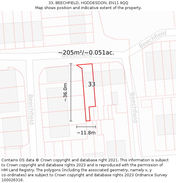 33, BEECHFIELD, HODDESDON, EN11 9QQ: Plot and title map