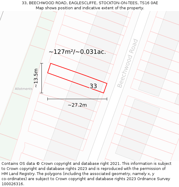 33, BEECHWOOD ROAD, EAGLESCLIFFE, STOCKTON-ON-TEES, TS16 0AE: Plot and title map
