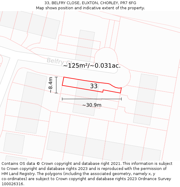 33, BELFRY CLOSE, EUXTON, CHORLEY, PR7 6FG: Plot and title map