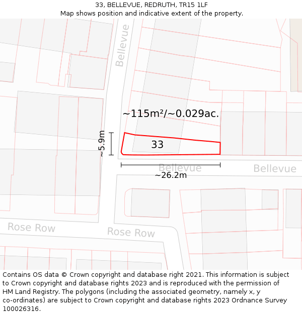 33, BELLEVUE, REDRUTH, TR15 1LF: Plot and title map