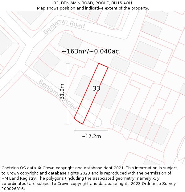 33, BENJAMIN ROAD, POOLE, BH15 4QU: Plot and title map