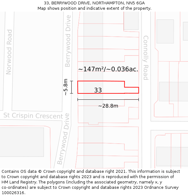 33, BERRYWOOD DRIVE, NORTHAMPTON, NN5 6GA: Plot and title map
