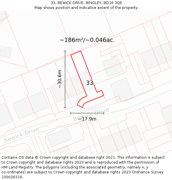 33, BEWICK DRIVE, BINGLEY, BD16 3QE: Plot and title map