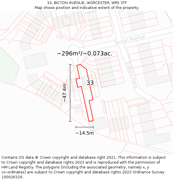 33, BICTON AVENUE, WORCESTER, WR5 3TF: Plot and title map