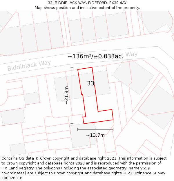 33, BIDDIBLACK WAY, BIDEFORD, EX39 4AY: Plot and title map