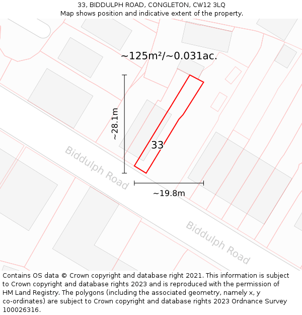 33, BIDDULPH ROAD, CONGLETON, CW12 3LQ: Plot and title map