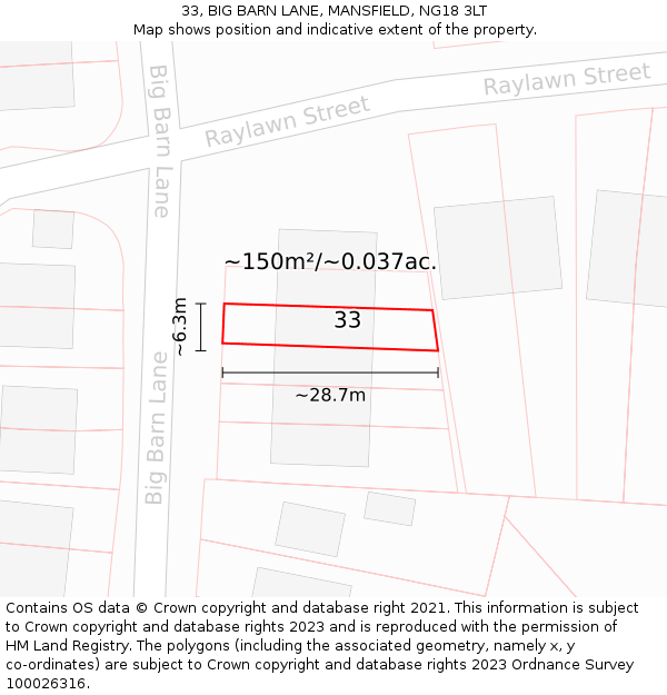 33, BIG BARN LANE, MANSFIELD, NG18 3LT: Plot and title map