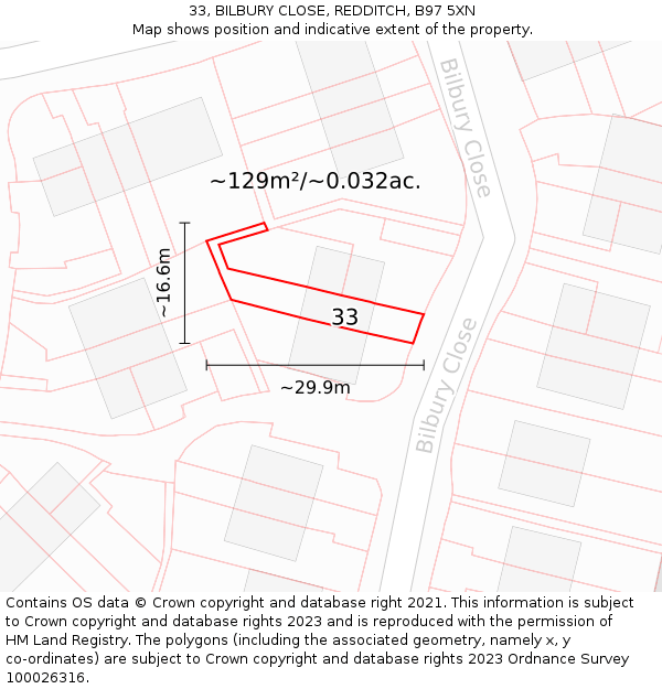 33, BILBURY CLOSE, REDDITCH, B97 5XN: Plot and title map