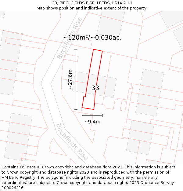 33, BIRCHFIELDS RISE, LEEDS, LS14 2HU: Plot and title map
