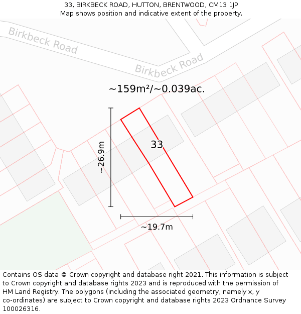 33, BIRKBECK ROAD, HUTTON, BRENTWOOD, CM13 1JP: Plot and title map