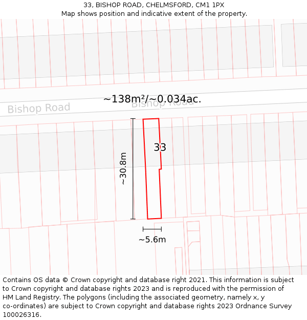33, BISHOP ROAD, CHELMSFORD, CM1 1PX: Plot and title map