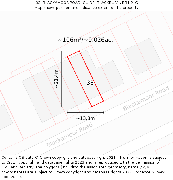 33, BLACKAMOOR ROAD, GUIDE, BLACKBURN, BB1 2LG: Plot and title map