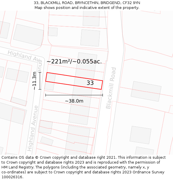 33, BLACKMILL ROAD, BRYNCETHIN, BRIDGEND, CF32 9YN: Plot and title map