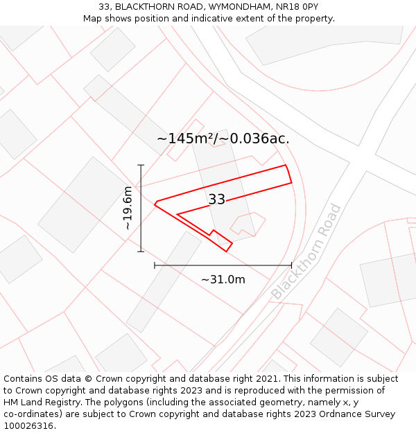 33, BLACKTHORN ROAD, WYMONDHAM, NR18 0PY: Plot and title map