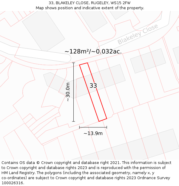 33, BLAKELEY CLOSE, RUGELEY, WS15 2FW: Plot and title map