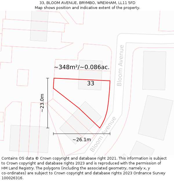 33, BLOOM AVENUE, BRYMBO, WREXHAM, LL11 5FD: Plot and title map