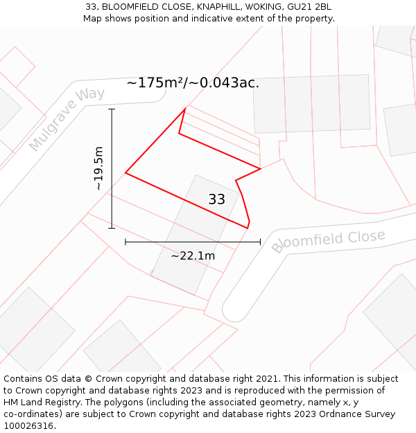 33, BLOOMFIELD CLOSE, KNAPHILL, WOKING, GU21 2BL: Plot and title map