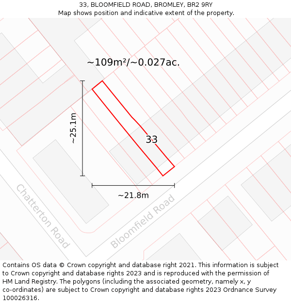 33, BLOOMFIELD ROAD, BROMLEY, BR2 9RY: Plot and title map